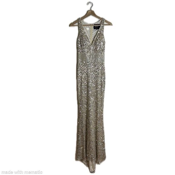 Mac Duggal Sequined Plunging V-Neck Sheath Dress 4930L Nude/Gold size 0 - Picture 3 of 14